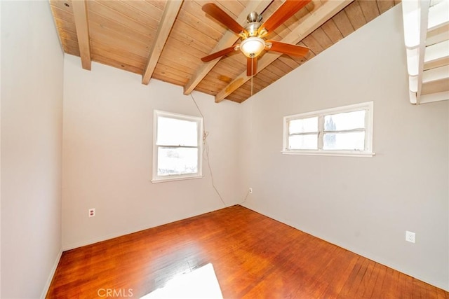 empty room featuring ceiling fan, wood-type flooring, wood ceiling, and vaulted ceiling with beams