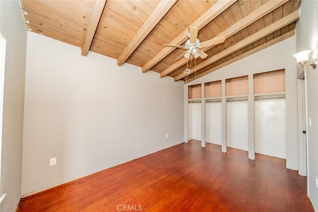 unfurnished bedroom with ceiling fan, wooden ceiling, dark hardwood / wood-style flooring, and vaulted ceiling with beams