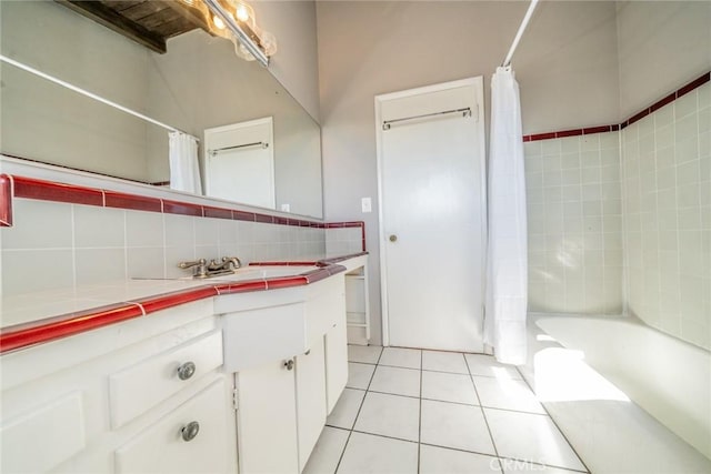 bathroom with wood ceiling, decorative backsplash, shower / bath combo with shower curtain, tile patterned floors, and vanity