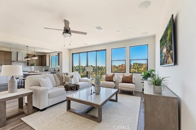 living room featuring ceiling fan and light hardwood / wood-style flooring