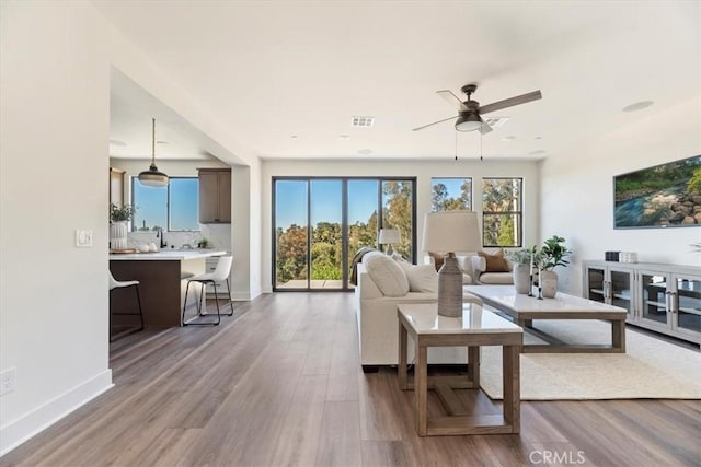 living room featuring ceiling fan, hardwood / wood-style flooring, and sink