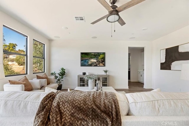 living room with ceiling fan and wood-type flooring