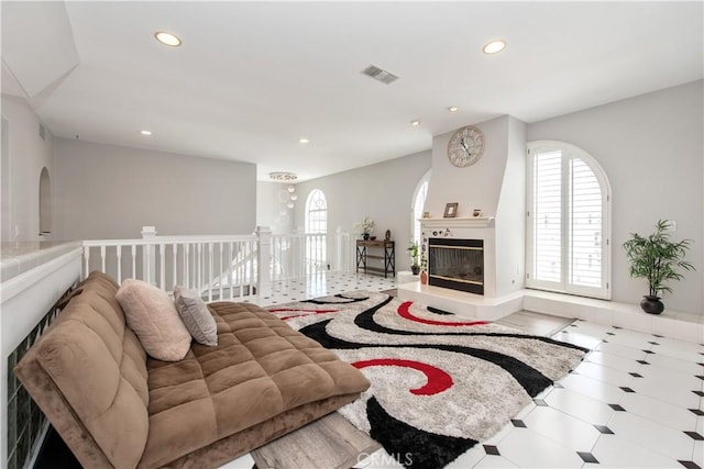 living room with a fireplace