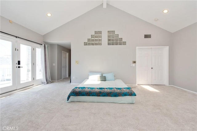 bedroom with high vaulted ceiling, access to exterior, beam ceiling, and light carpet