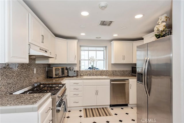 kitchen featuring range hood, stainless steel appliances, white cabinetry, and sink