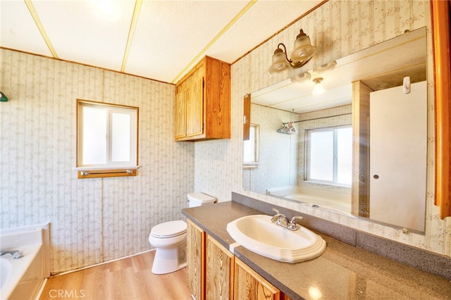 bathroom featuring toilet, a bathtub, hardwood / wood-style floors, and vanity