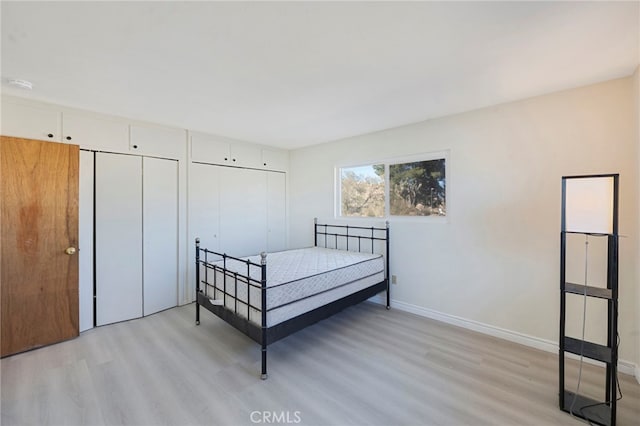 bedroom featuring light hardwood / wood-style floors and two closets