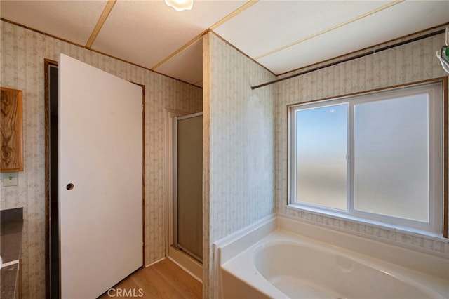 bathroom with hardwood / wood-style floors and separate shower and tub