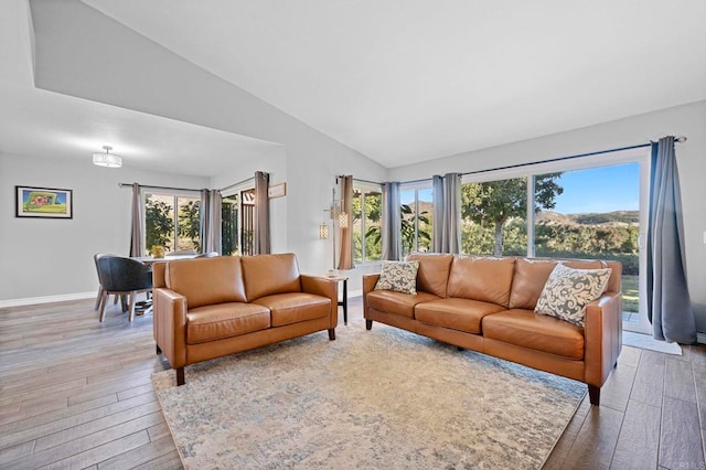 living room featuring hardwood / wood-style flooring, vaulted ceiling, and a healthy amount of sunlight