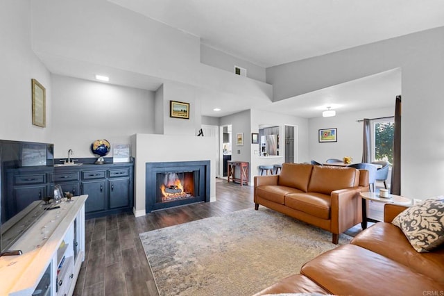 living room with dark hardwood / wood-style floors