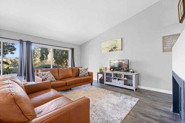 living room featuring lofted ceiling and dark wood-type flooring