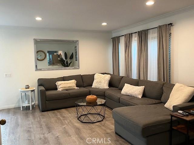 living room featuring crown molding and hardwood / wood-style floors