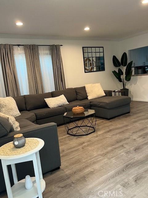 living room with wood-type flooring and ornamental molding