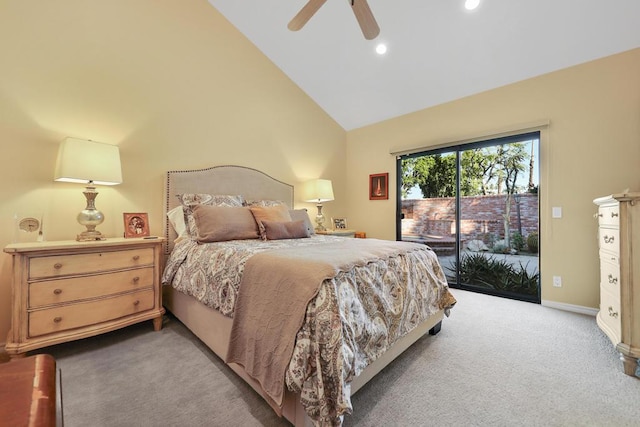 carpeted bedroom featuring ceiling fan, access to exterior, and high vaulted ceiling