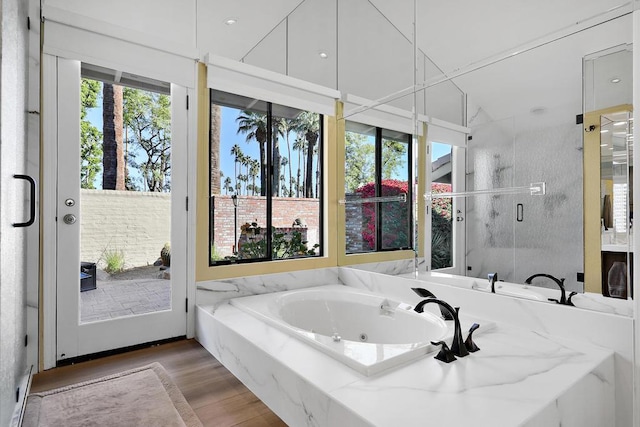 bathroom with plus walk in shower and wood-type flooring