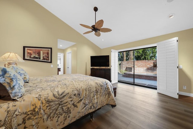 bedroom featuring access to outside, ceiling fan, high vaulted ceiling, and hardwood / wood-style flooring