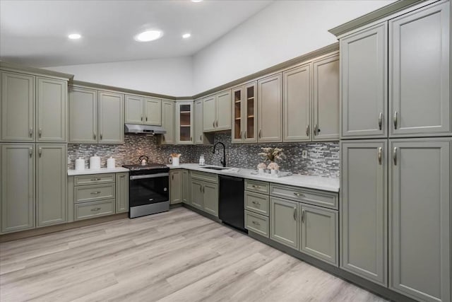 kitchen featuring stainless steel electric range oven, sink, light wood-type flooring, black dishwasher, and decorative backsplash