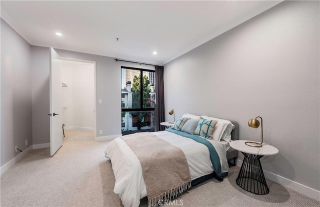 bedroom with light carpet, baseboards, and recessed lighting