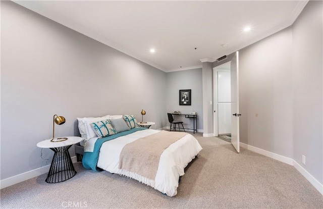 bedroom featuring light carpet, baseboards, ornamental molding, and recessed lighting