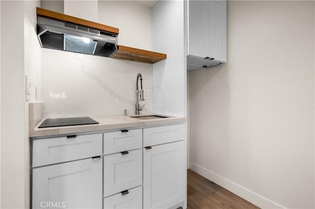 interior space featuring hardwood / wood-style flooring, sink, white cabinets, and exhaust hood