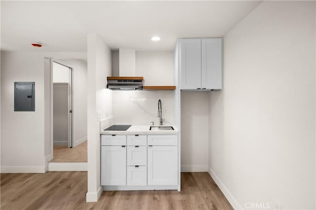 kitchen featuring sink, white cabinetry, electric panel, and light hardwood / wood-style flooring