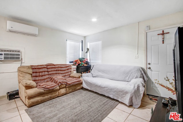 tiled living room featuring a wall mounted AC