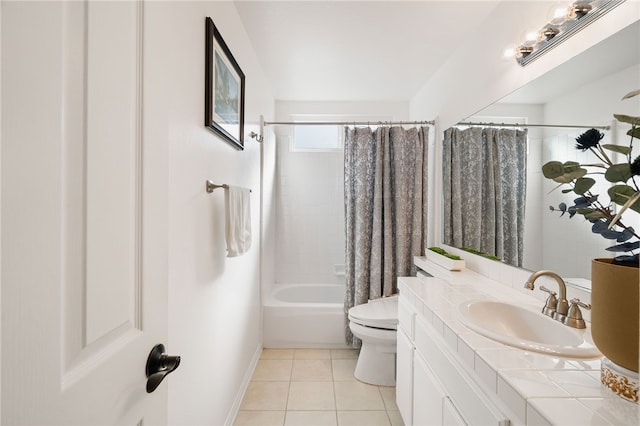 full bathroom featuring toilet, vanity, tile patterned flooring, and shower / bath combination with curtain