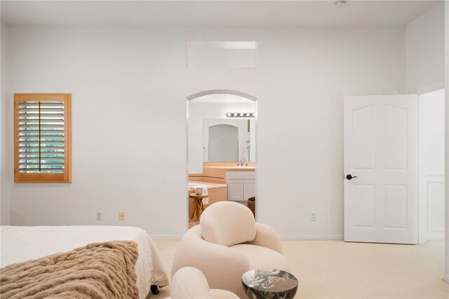 carpeted bedroom with sink and ensuite bath