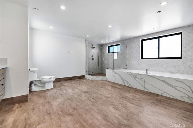 full bathroom featuring toilet, separate shower and tub, and vanity