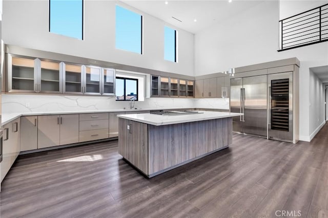 kitchen with appliances with stainless steel finishes, decorative backsplash, a high ceiling, dark wood-type flooring, and a kitchen island