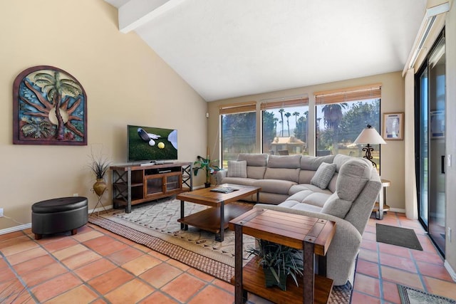 living room featuring tile patterned flooring and lofted ceiling with beams