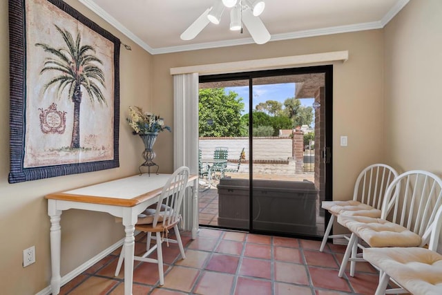 tiled dining area with ceiling fan and ornamental molding