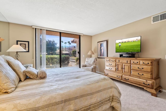 bedroom with a textured ceiling, light carpet, expansive windows, and access to outside