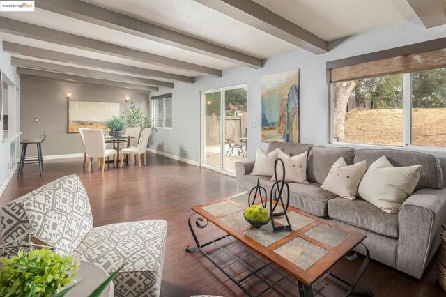 living room with dark hardwood / wood-style flooring and beamed ceiling