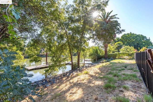 view of yard with a water view and a dock