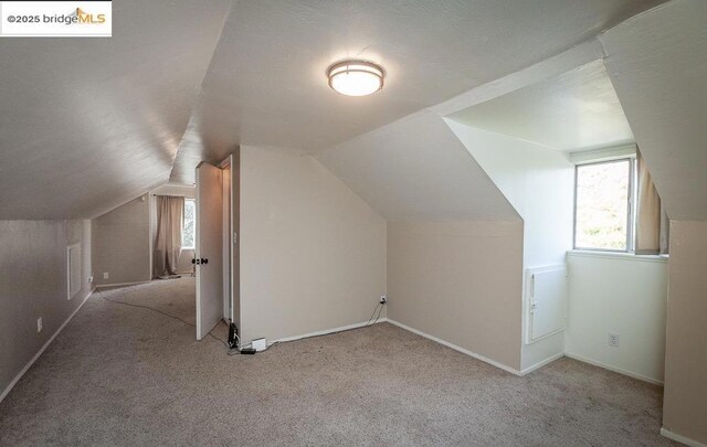 additional living space with vaulted ceiling and light carpet