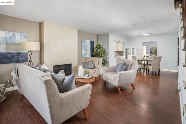 living room with a large fireplace and dark hardwood / wood-style floors