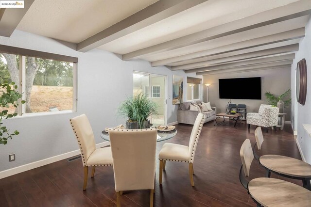 dining area featuring beam ceiling and dark wood-type flooring