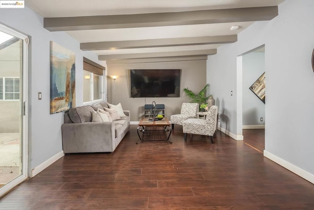 living room featuring dark hardwood / wood-style flooring and beamed ceiling