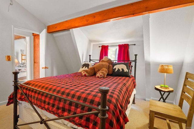 bedroom featuring vaulted ceiling and light colored carpet