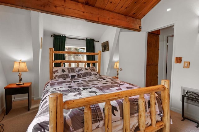 carpeted bedroom with lofted ceiling and wooden ceiling