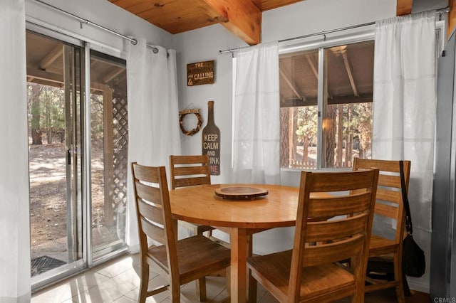 dining area with wooden ceiling, beam ceiling, and light tile patterned floors