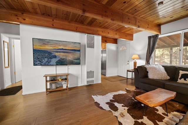 living room with beam ceiling, wooden ceiling, and hardwood / wood-style flooring