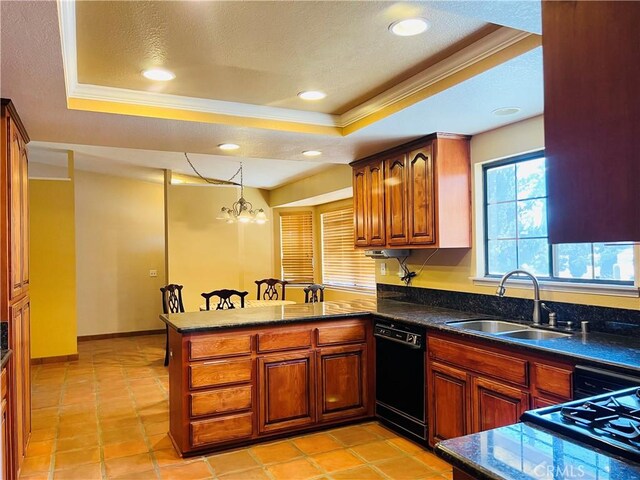 kitchen featuring a raised ceiling, kitchen peninsula, sink, and black dishwasher