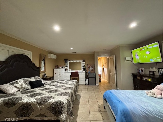 tiled bedroom featuring ornamental molding, refrigerator, and a wall mounted air conditioner