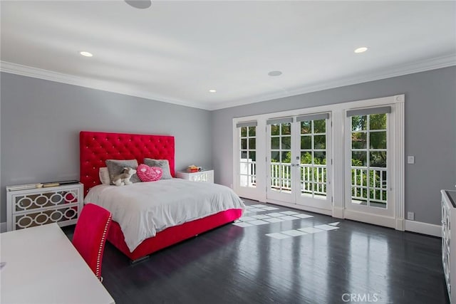 bedroom with access to outside, french doors, dark hardwood / wood-style flooring, and crown molding