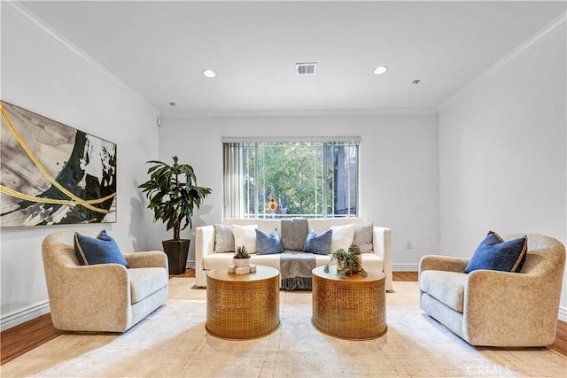 interior space with light hardwood / wood-style floors and crown molding