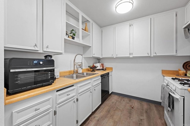 kitchen with sink, white cabinetry, dishwasher, and white stove