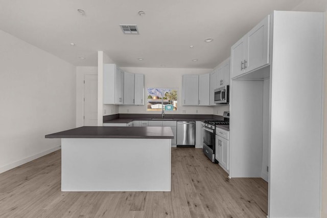 kitchen with appliances with stainless steel finishes, a center island, light wood-type flooring, white cabinets, and sink