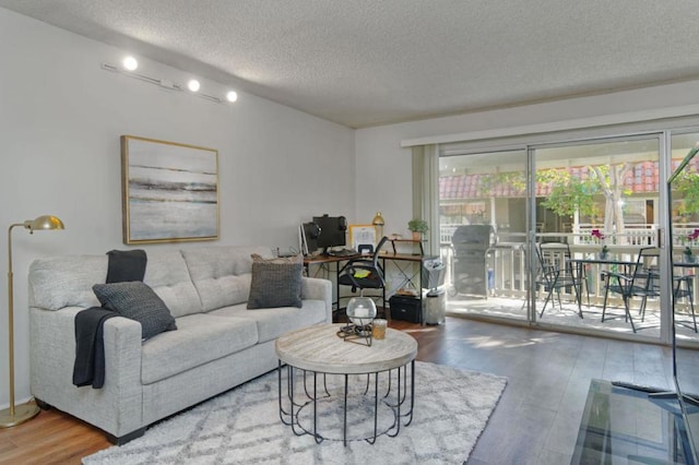 living room with a textured ceiling and hardwood / wood-style flooring